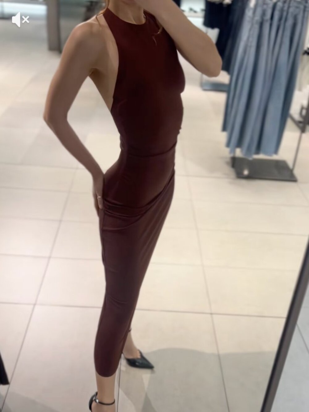 Zara Draped Halter Midi Dress Open Back Side Ruched Chocolate Brown S NWT - Picture 4 of 12